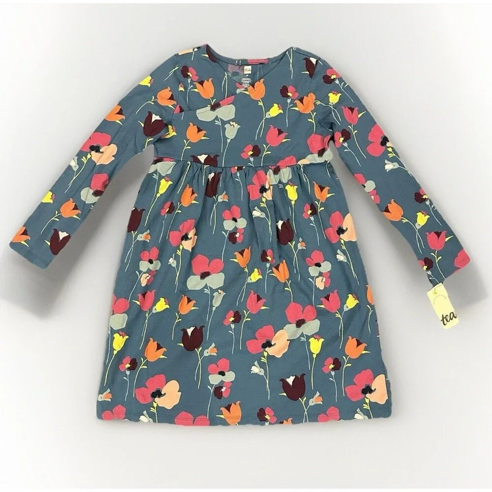 Tea Collection Girls Size 10 Dress Long Sleeve Blue Floral Cotton German Tulip